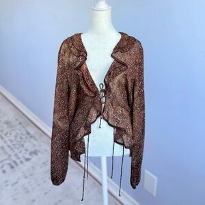 Y2K Brown Paisley Tie Front Blouse with Ruffle Detail, Long Sleeve